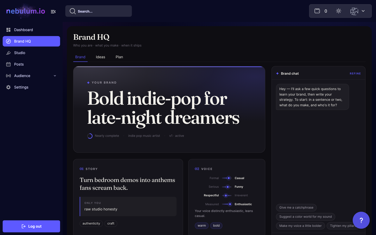 Nebulum Brand HQ — your sound, story and voice codified as Brand DNA