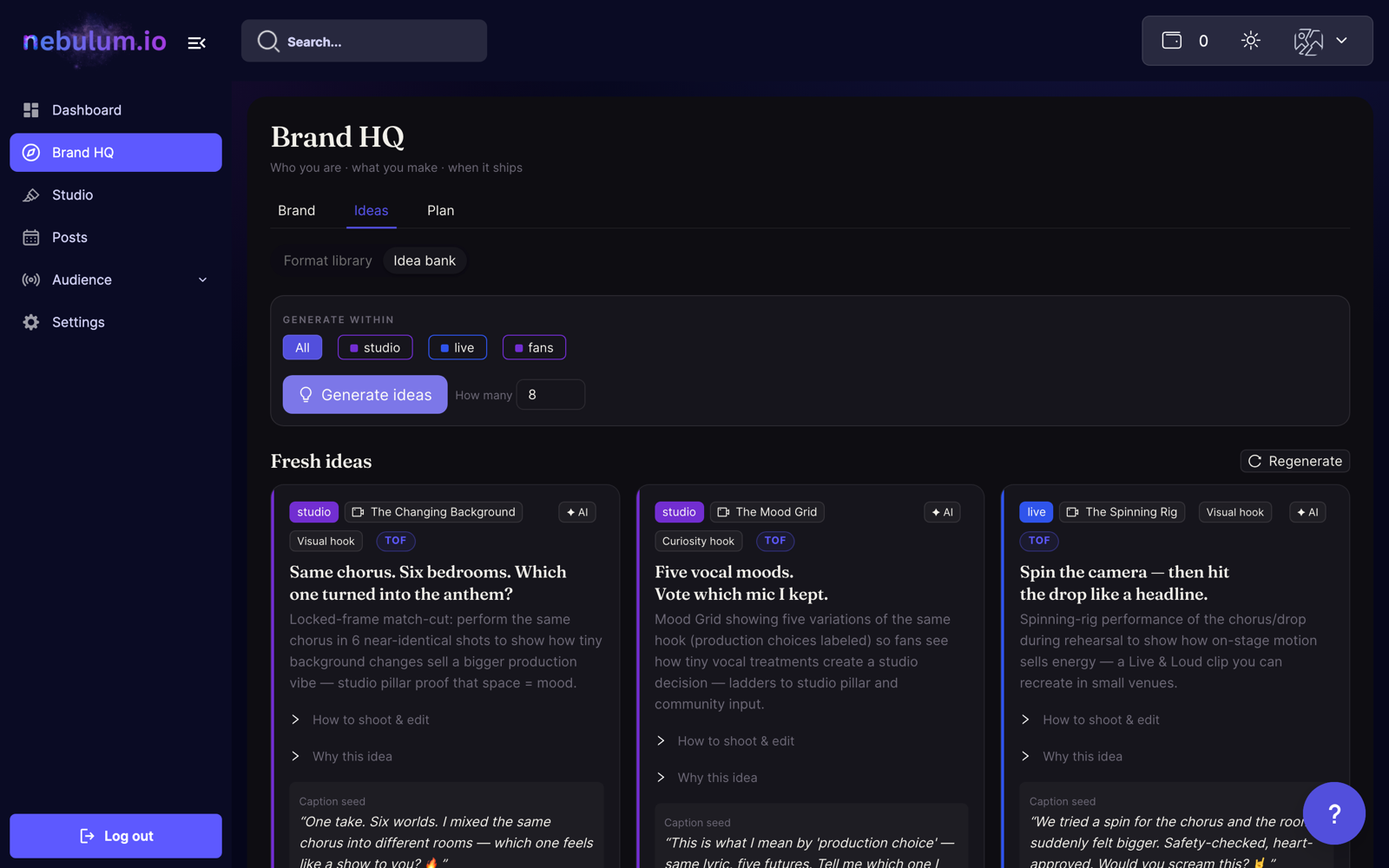 Nebulum idea deck — post ideas with hooks and shot lists, built for your brand