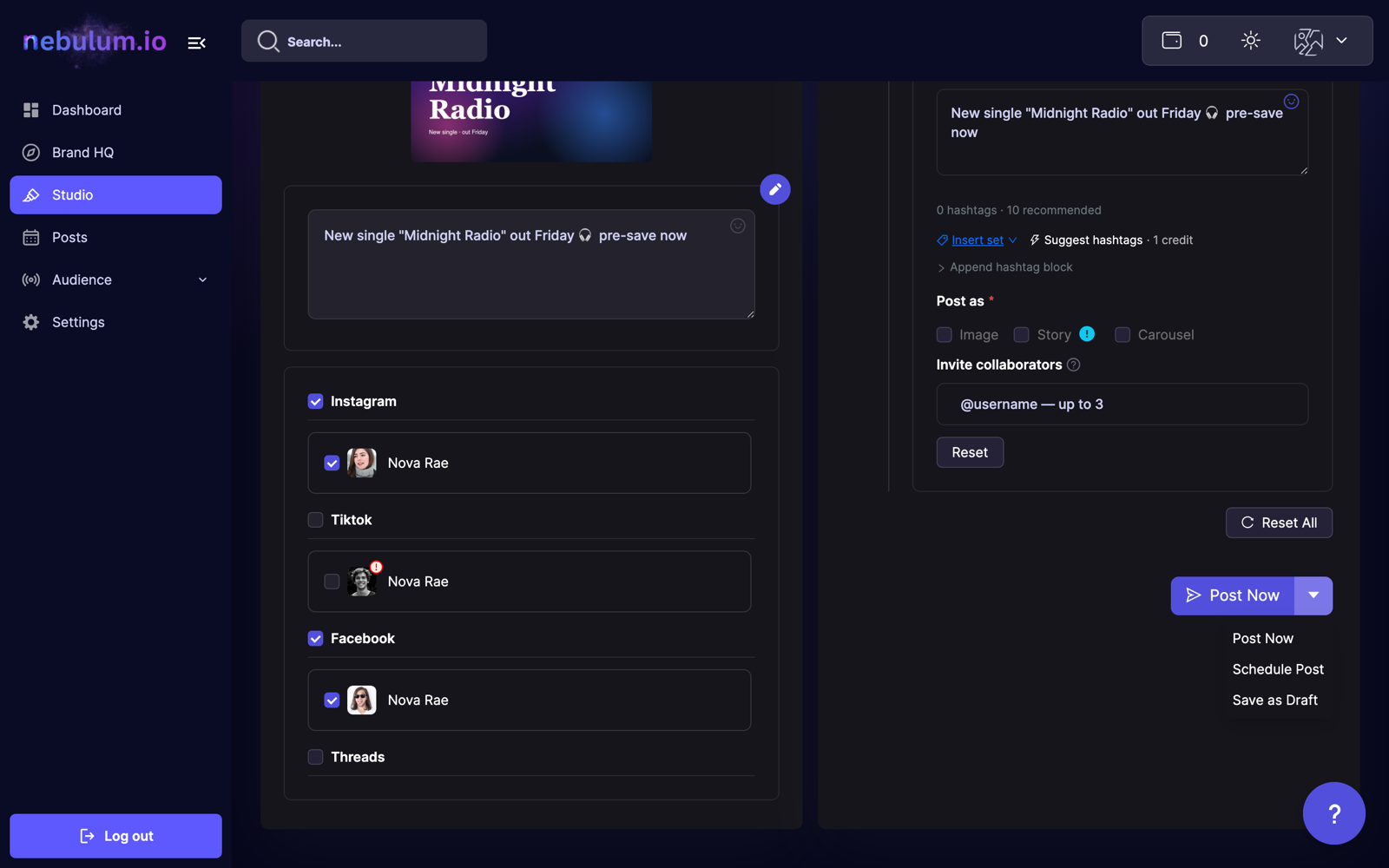 Nebulum composer — publish or schedule one post to Instagram, TikTok, Facebook and more at once